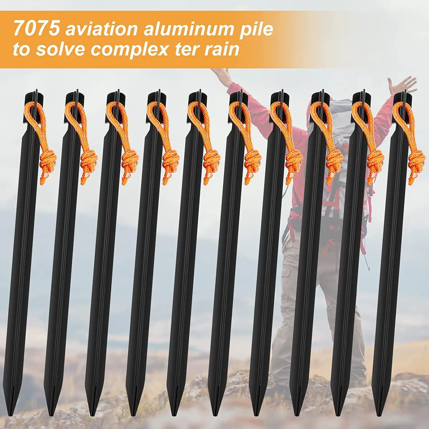 10 Pack Tent Stakes Heavy Duty, Aluminum Tent Stakes Pegs, Metal Tent Spikes, Ground Pegs with Reflective Pull Ropes, Triangular Tent Pegs, Heavy Duty Tent Stakes Nail, Tent Nail Camping Stakes
