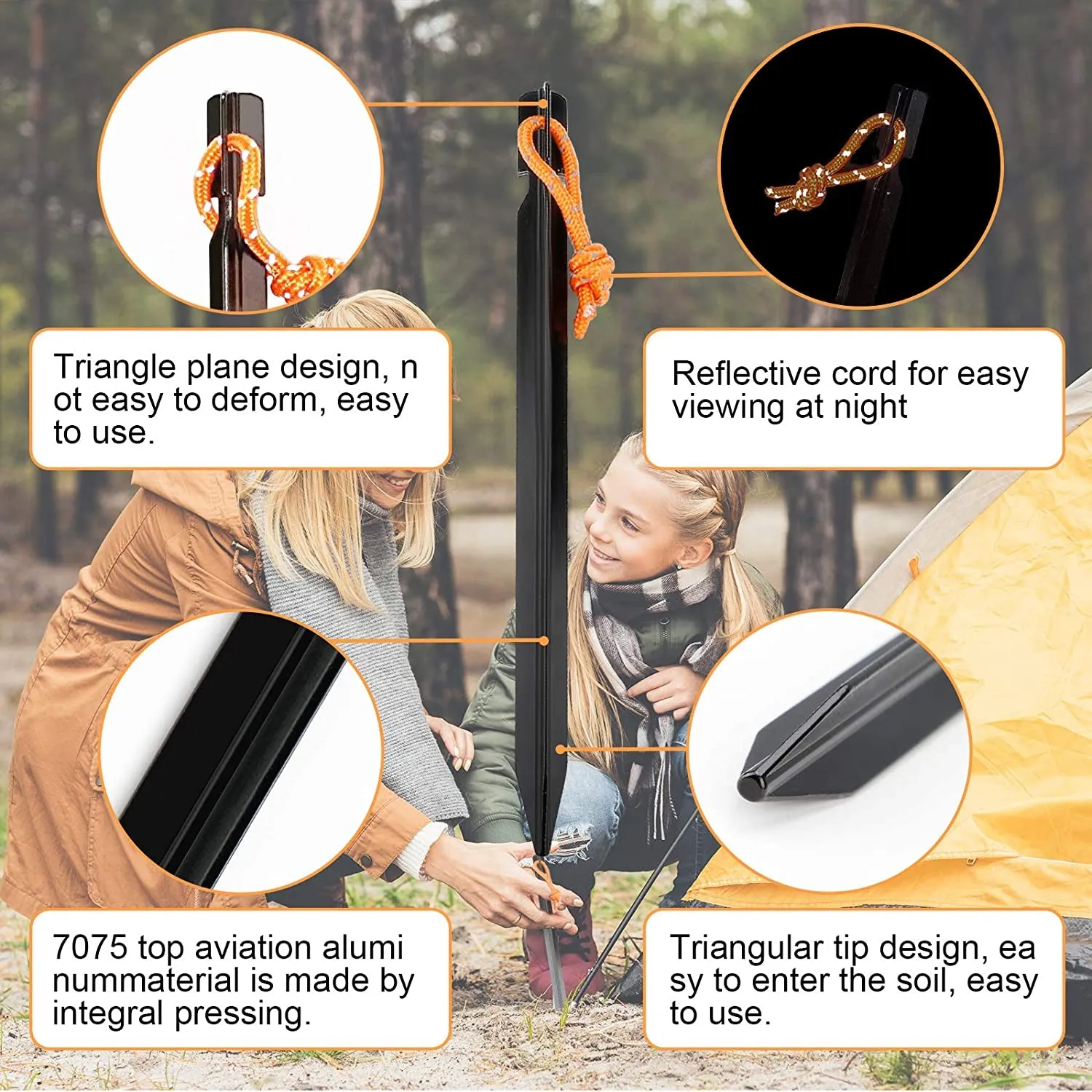 10 Pack Tent Stakes Heavy Duty, Aluminum Tent Stakes Pegs, Metal Tent Spikes, Ground Pegs with Reflective Pull Ropes, Triangular Tent Pegs, Heavy Duty Tent Stakes Nail, Tent Nail Camping Stakes