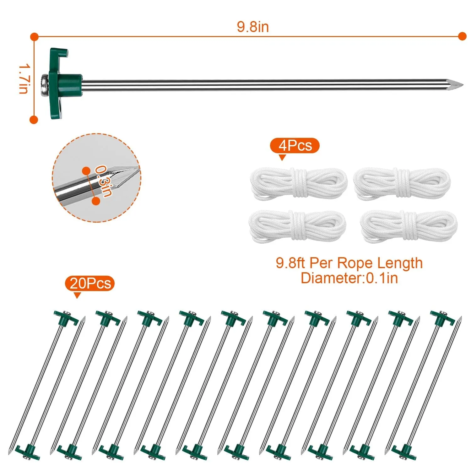 20-Piece: 9.8-Inch Tent Pegs Ropes Set