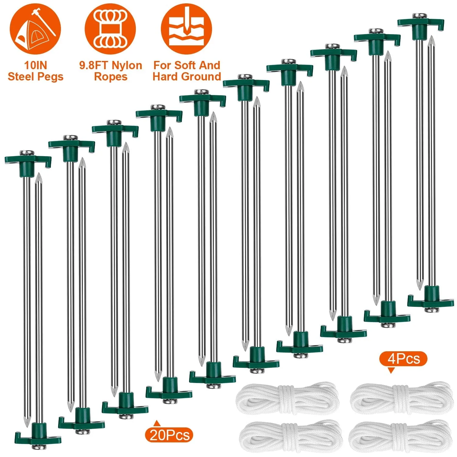 20-Piece: 9.8-Inch Tent Pegs Ropes Set