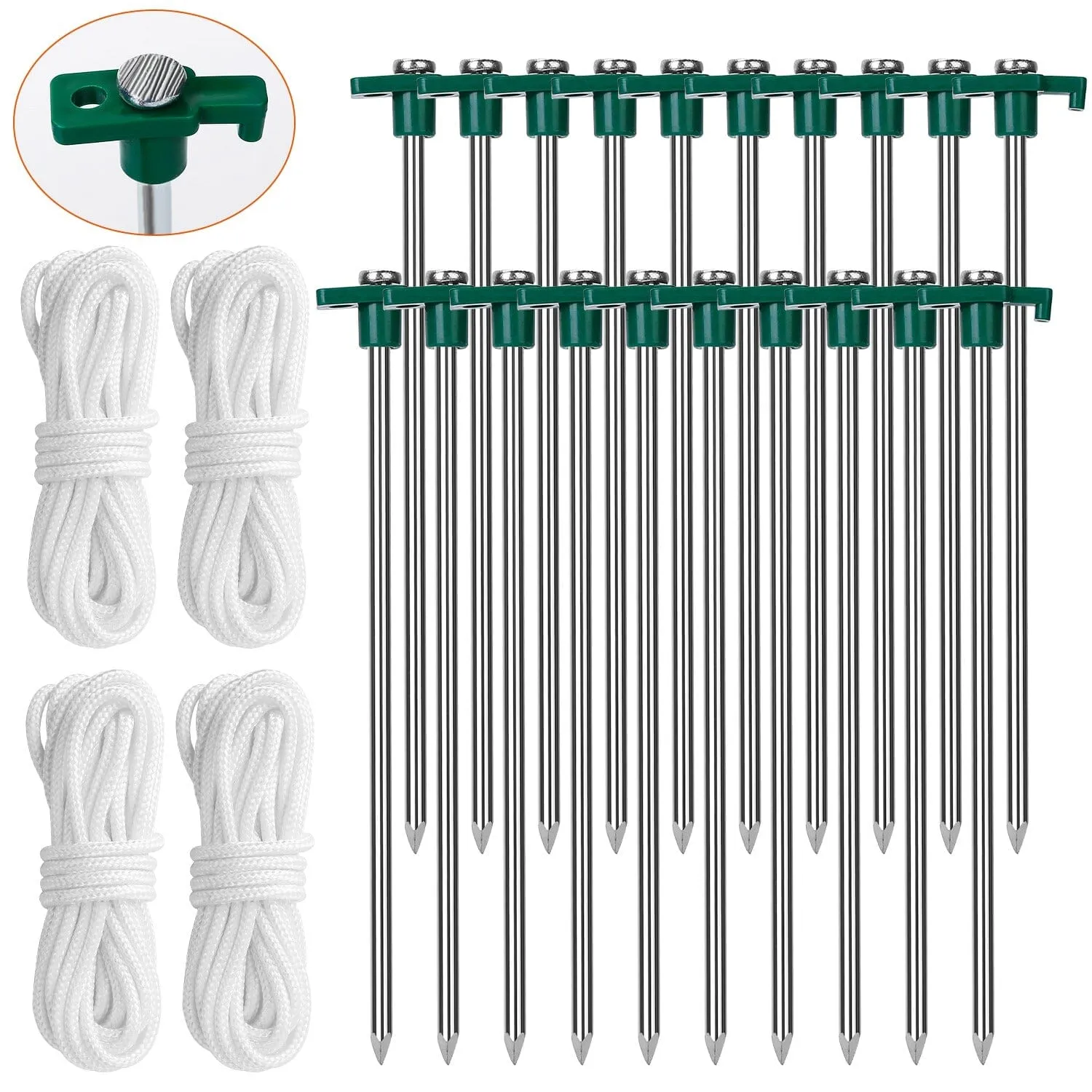20-Piece: 9.8-Inch Tent Pegs Ropes Set
