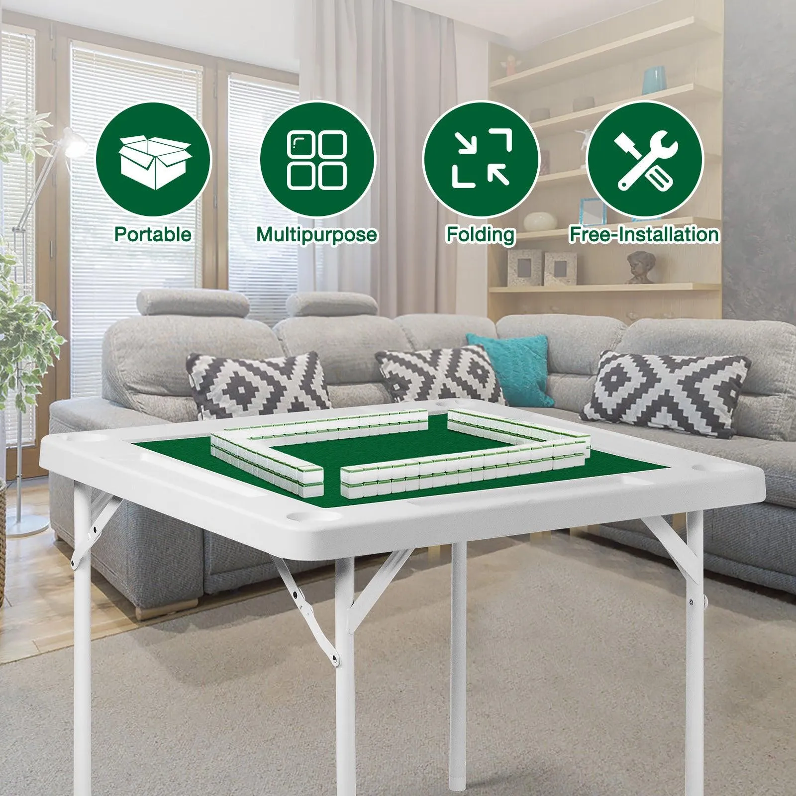 35.4" Folding Mahjong Table Square Poker Table with Cup Holders and Chip Trays
