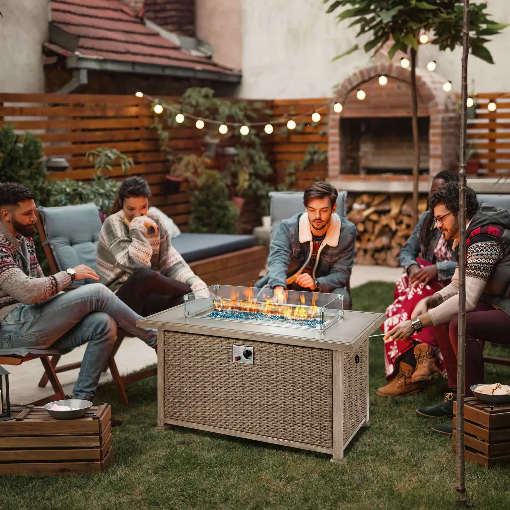 50 in Propane Fire Pit Table w/ Glass Wind Guard and Aluminum Tabletop, 50,000 BTU, Gray