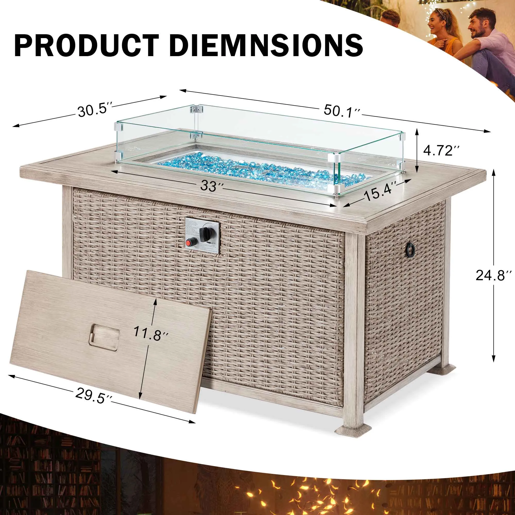 50 in Propane Fire Pit Table w/ Glass Wind Guard and Aluminum Tabletop, 50,000 BTU, Gray