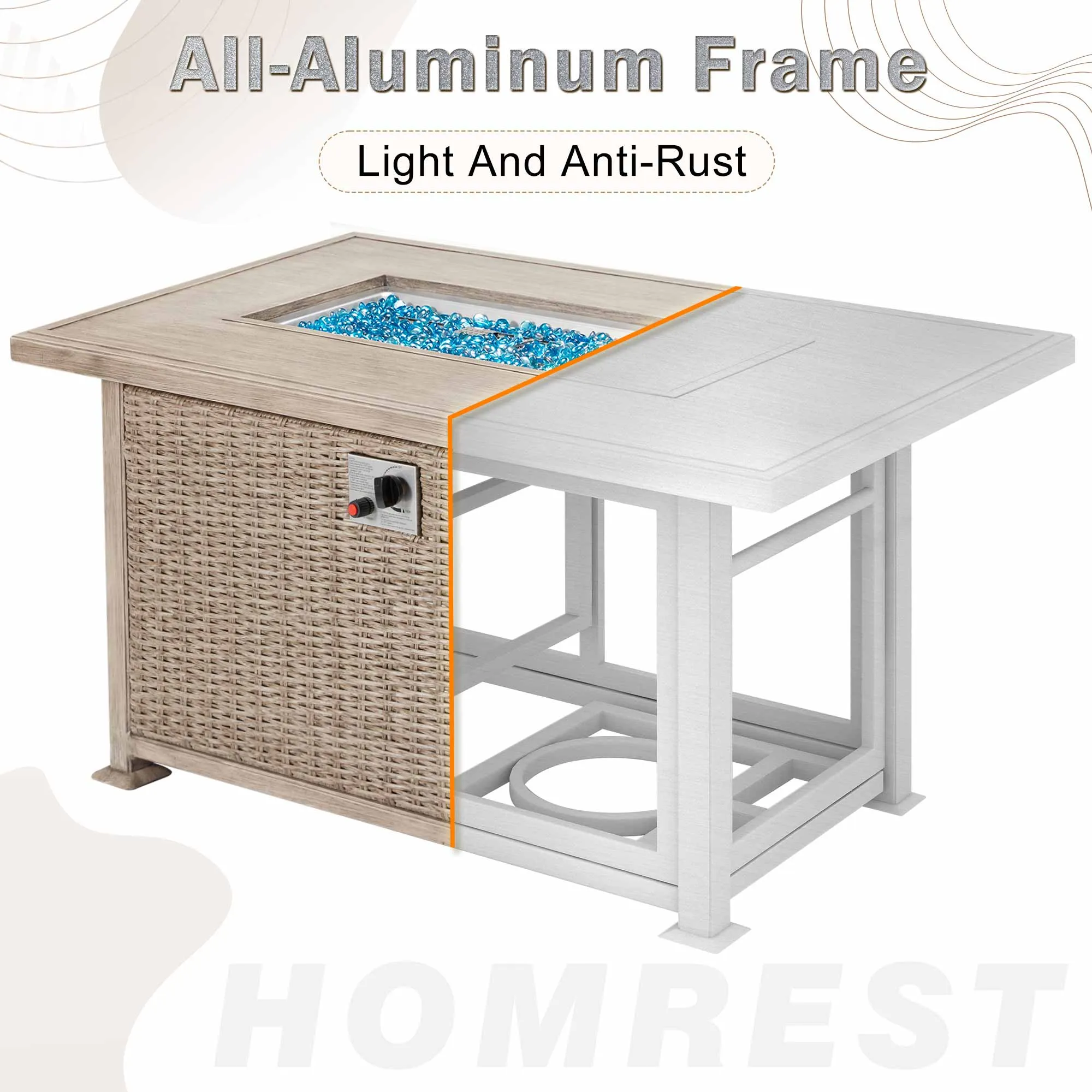 50 in Propane Fire Pit Table w/ Glass Wind Guard and Aluminum Tabletop, 50,000 BTU, Gray
