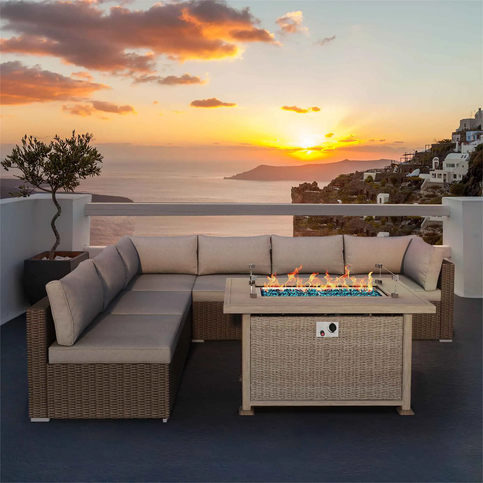 50 in Propane Fire Pit Table w/ Glass Wind Guard and Aluminum Tabletop, 50,000 BTU, Gray