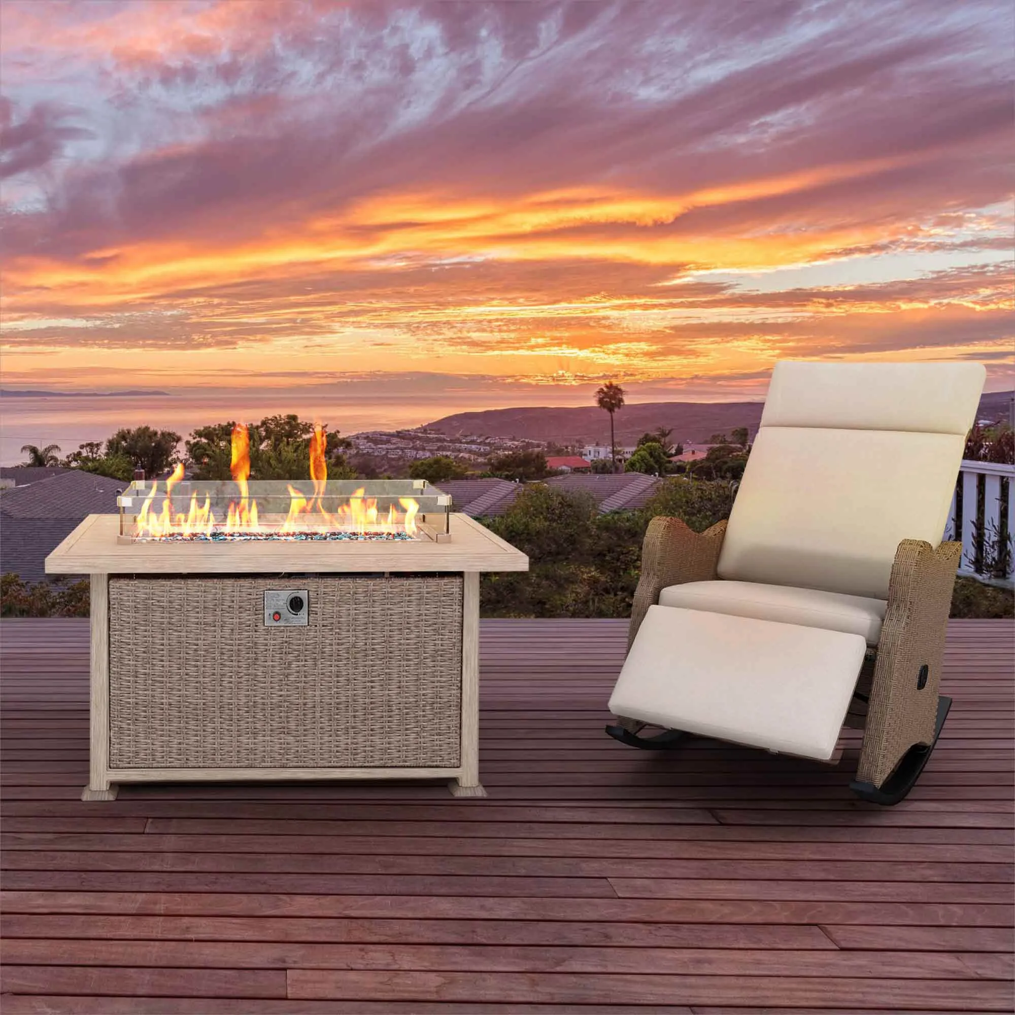 50 in Propane Fire Pit Table w/ Glass Wind Guard and Aluminum Tabletop, 50,000 BTU, Gray