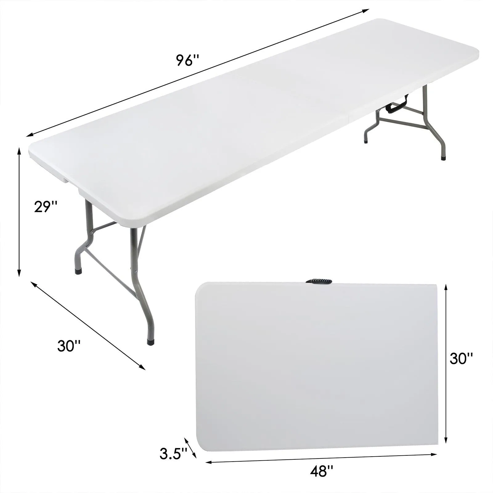 8ft Portable Folding Plastic Table for 8-10 Picnic Dining Table 96" with Carry Handle, White
