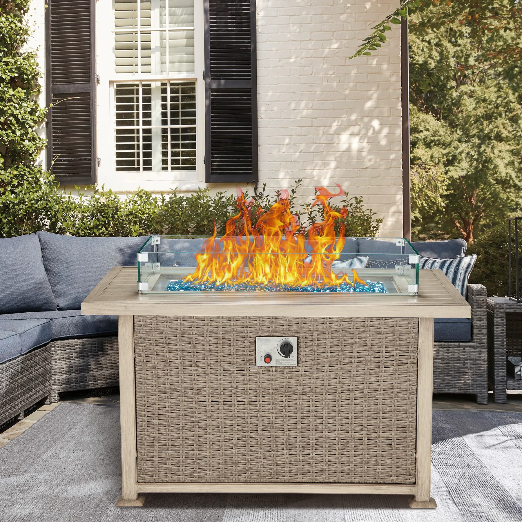 Homrest 44 in Propane Fire Pit with Aluminum Table Top and Glass Wind Guard, Gray