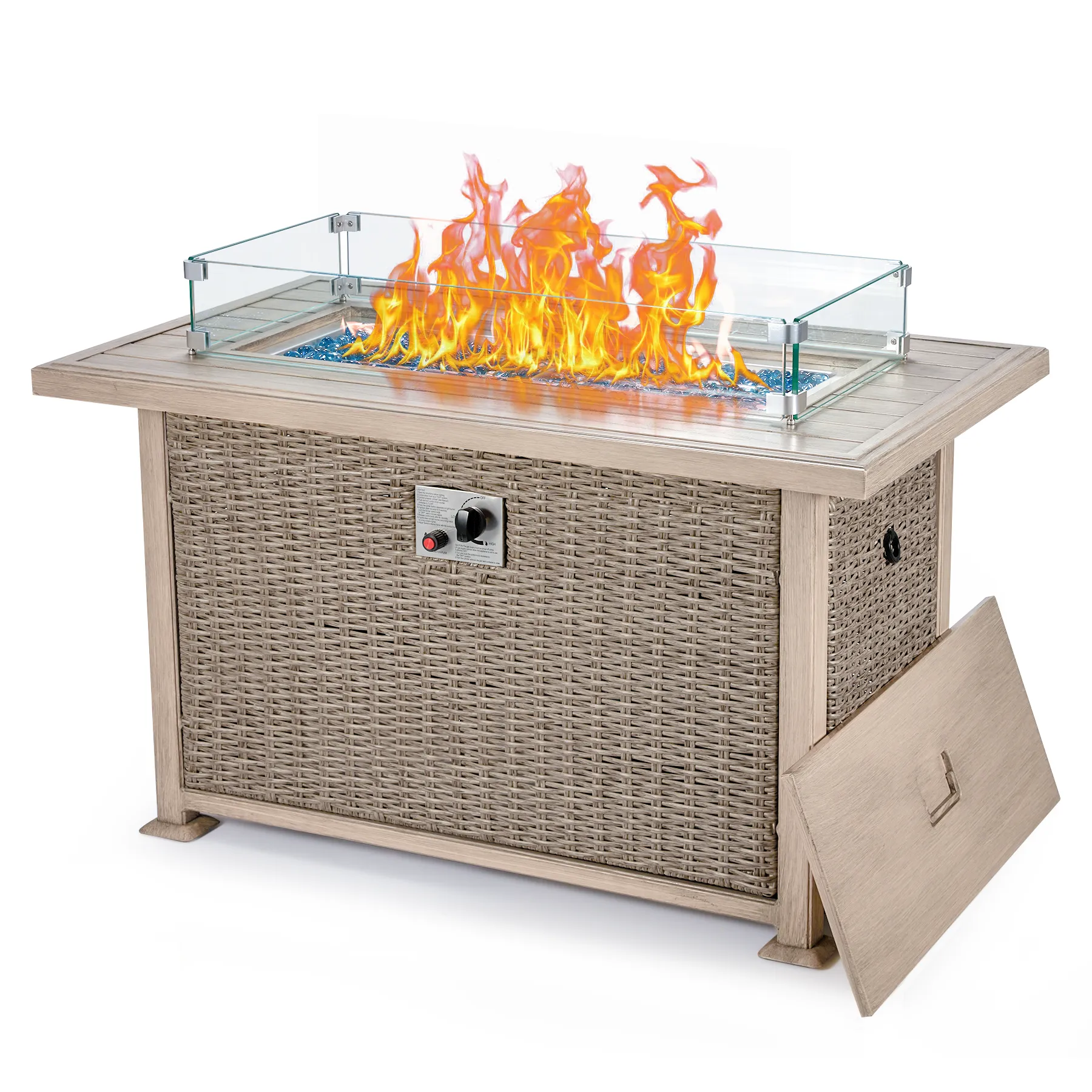 Homrest 44 in Propane Fire Pit with Aluminum Table Top and Glass Wind Guard, Gray