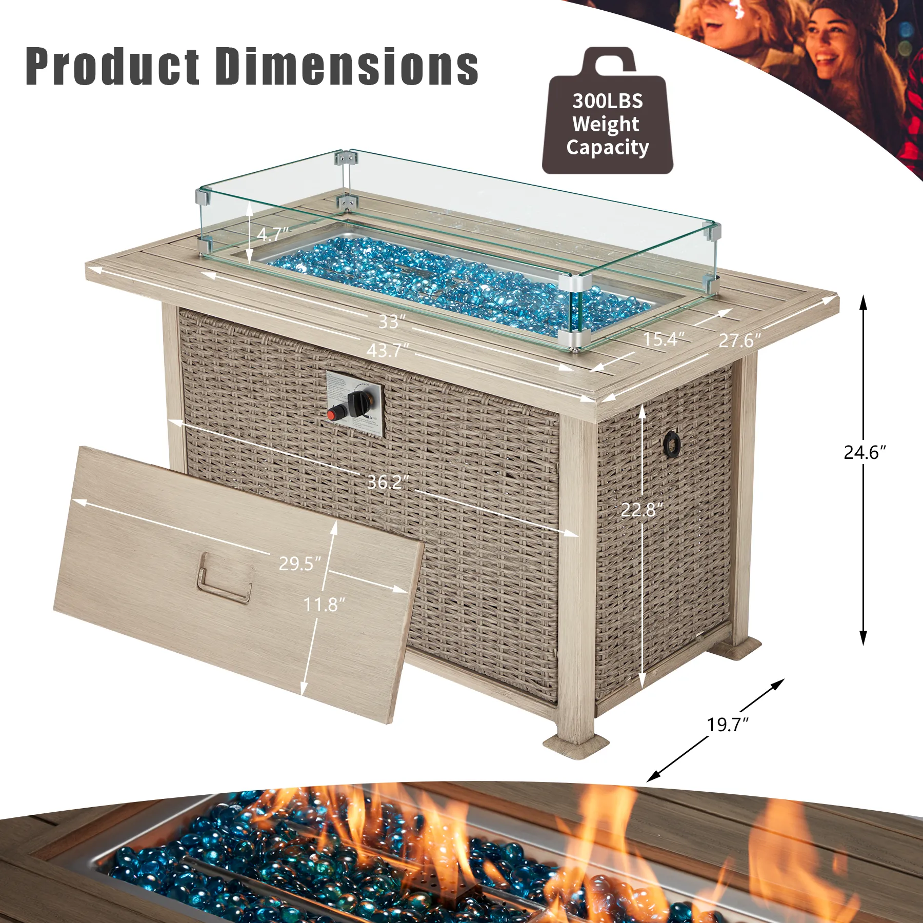 Homrest 44 in Propane Fire Pit with Aluminum Table Top and Glass Wind Guard, Gray