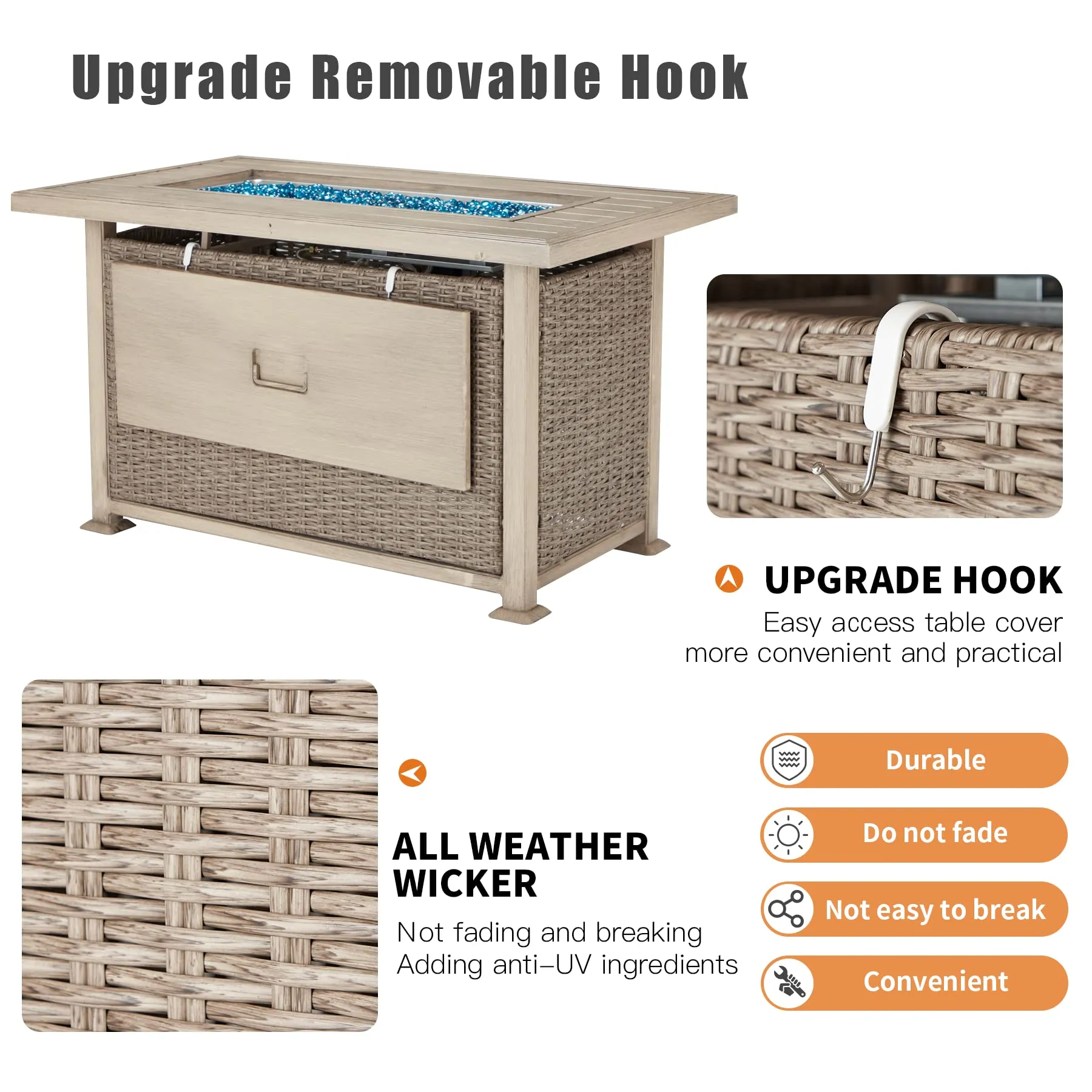 Homrest 44 in Propane Fire Pit with Aluminum Table Top and Glass Wind Guard, Gray
