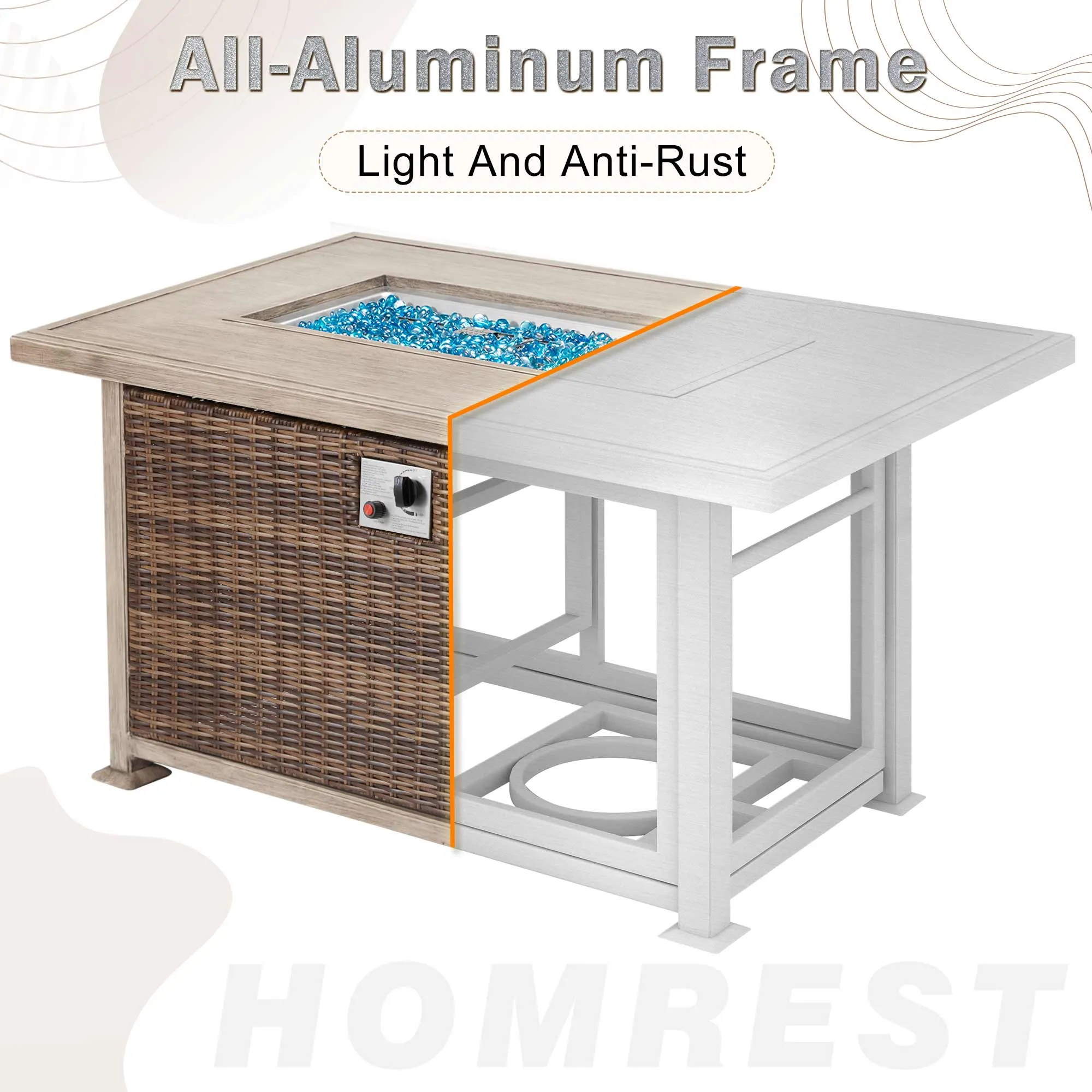 Homrest 50 in Propane Fire Pit Table w/ Glass Wind Guard and Aluminum Tabletop, Brown