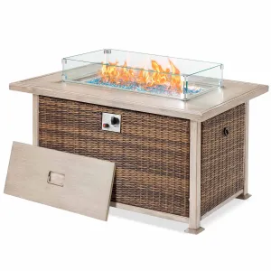 Homrest 50 in Propane Fire Pit Table w/ Glass Wind Guard and Aluminum Tabletop, Brown