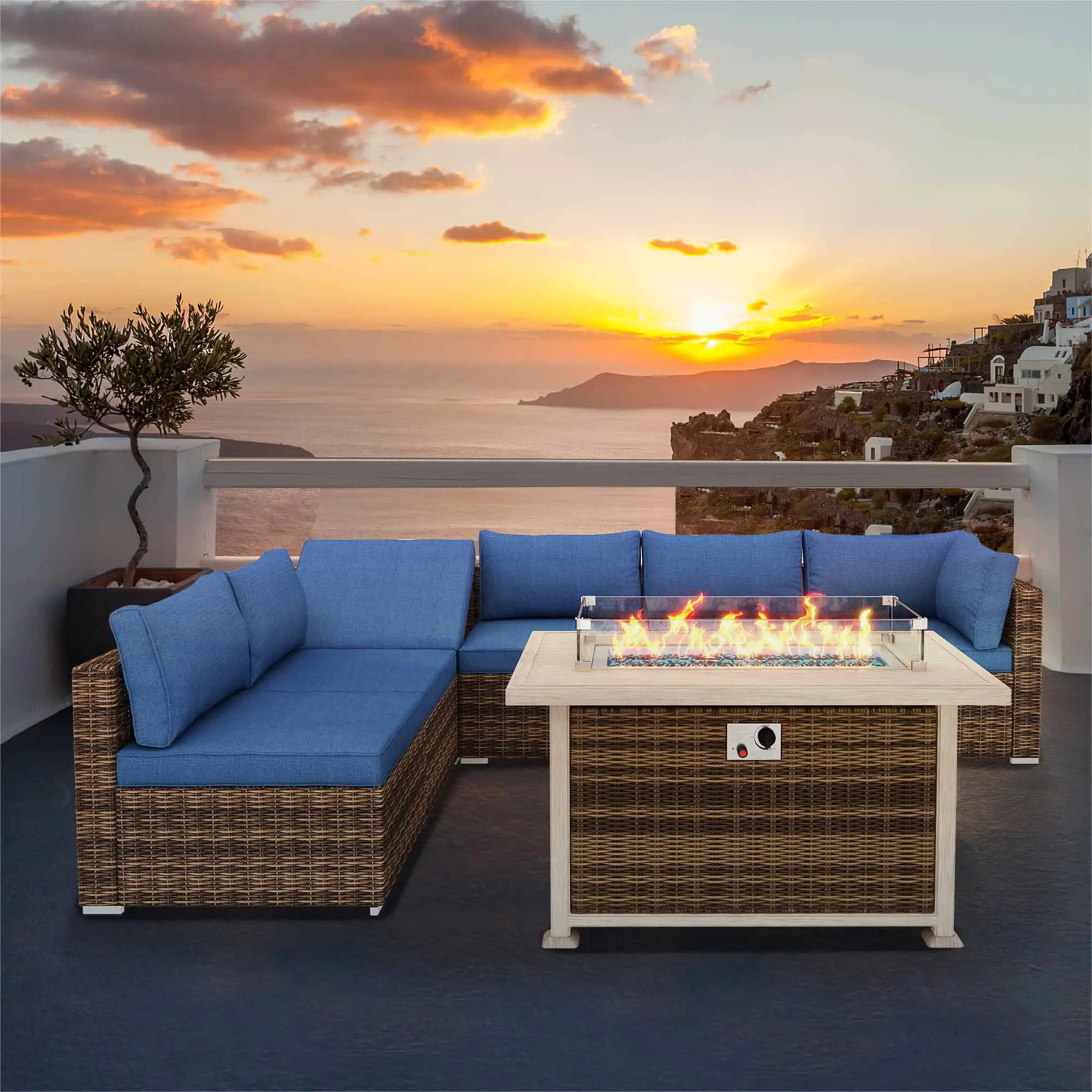 Homrest 50 in Propane Fire Pit Table w/ Glass Wind Guard and Aluminum Tabletop, Brown