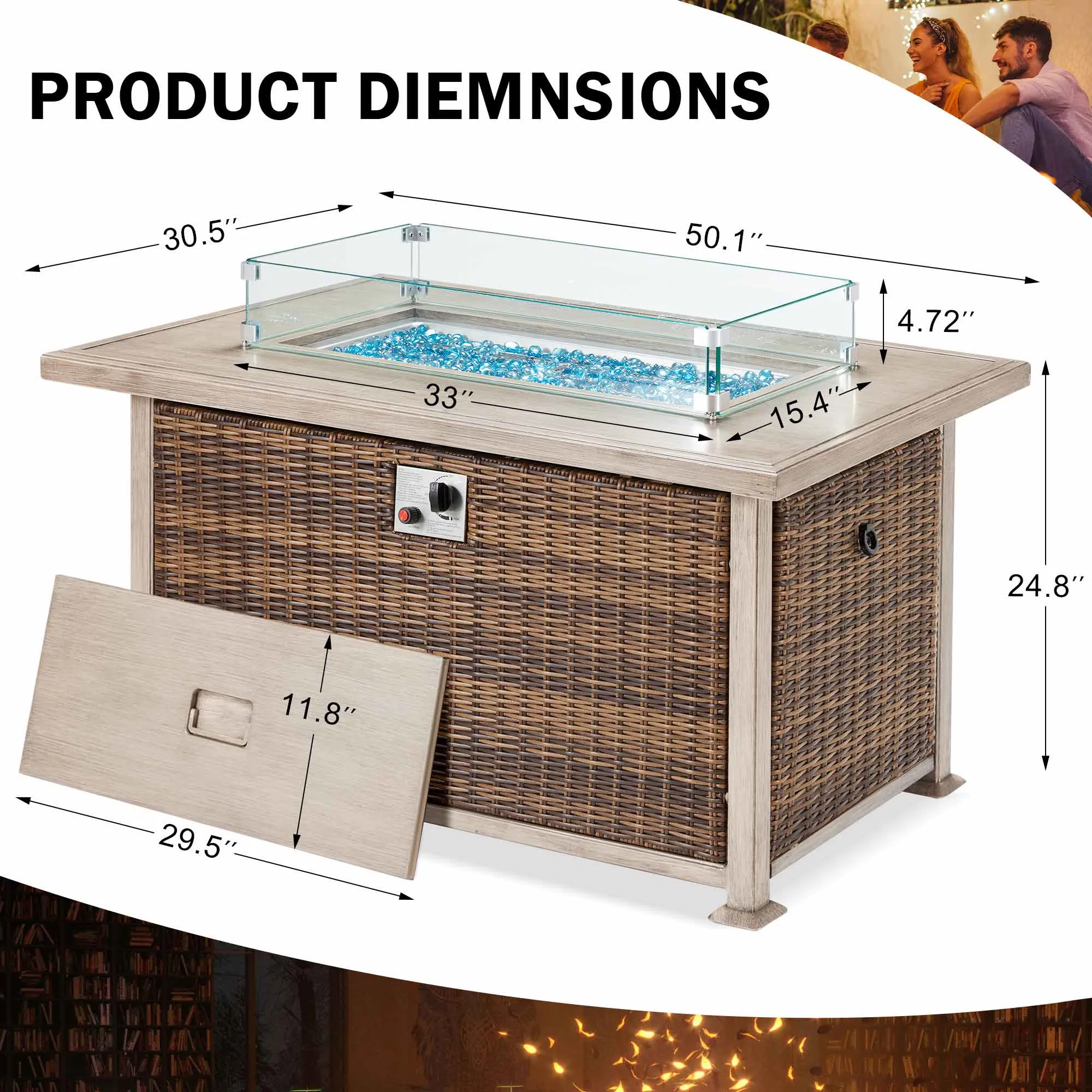 Homrest 50 in Propane Fire Pit Table w/ Glass Wind Guard and Aluminum Tabletop, Brown