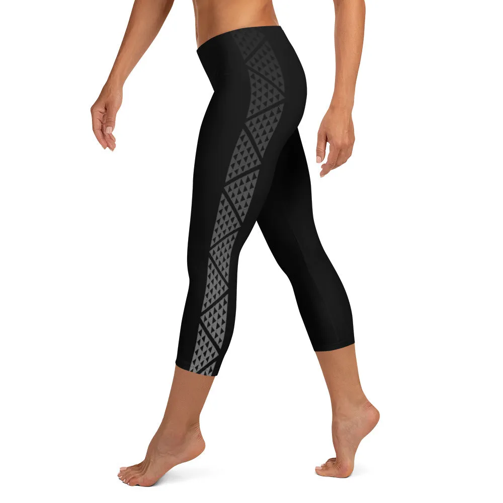 Kuahiwi Mountain Peak Style Samoan Polynesian Tattoo Pattern Print Crop / Capri Leggings with or without Hibiscus Flower