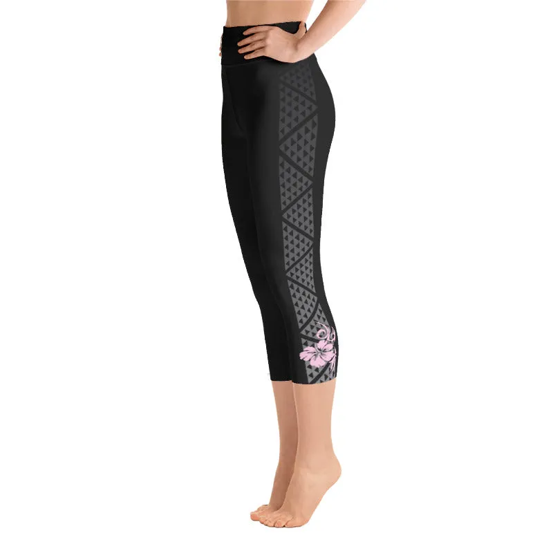 Kuahiwi Mountain Peak Style Samoan Polynesian Tattoo Pattern Print Crop / Capri Leggings with or without Hibiscus Flower