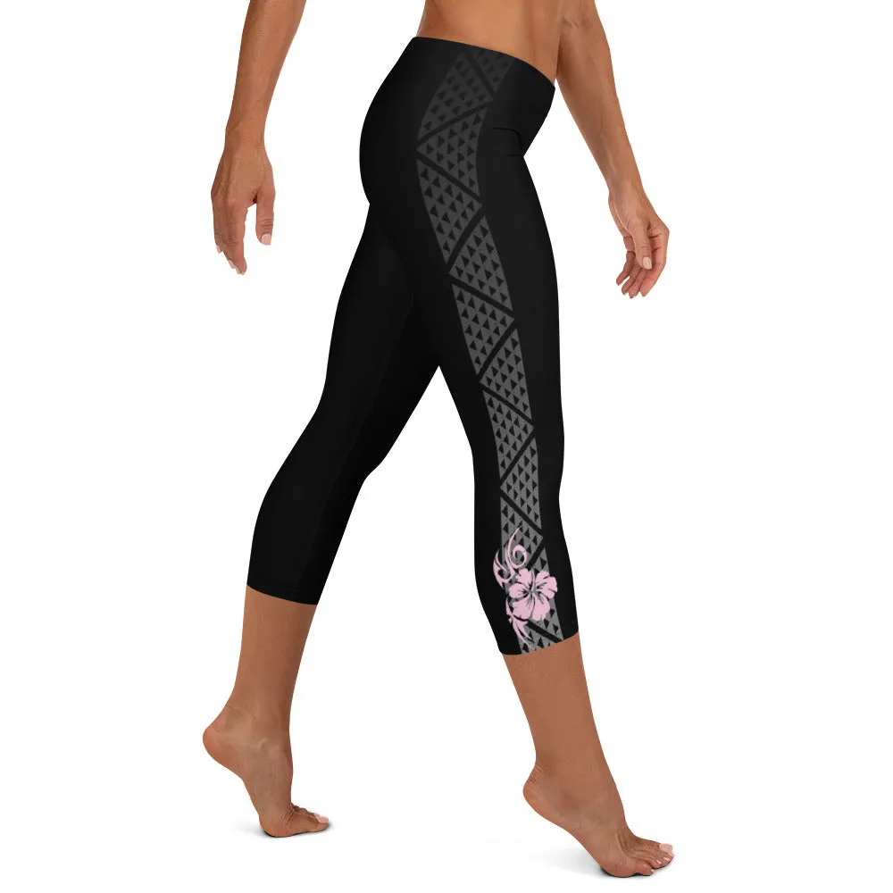 Kuahiwi Mountain Peak Style Samoan Polynesian Tattoo Pattern Print Crop / Capri Leggings with or without Hibiscus Flower