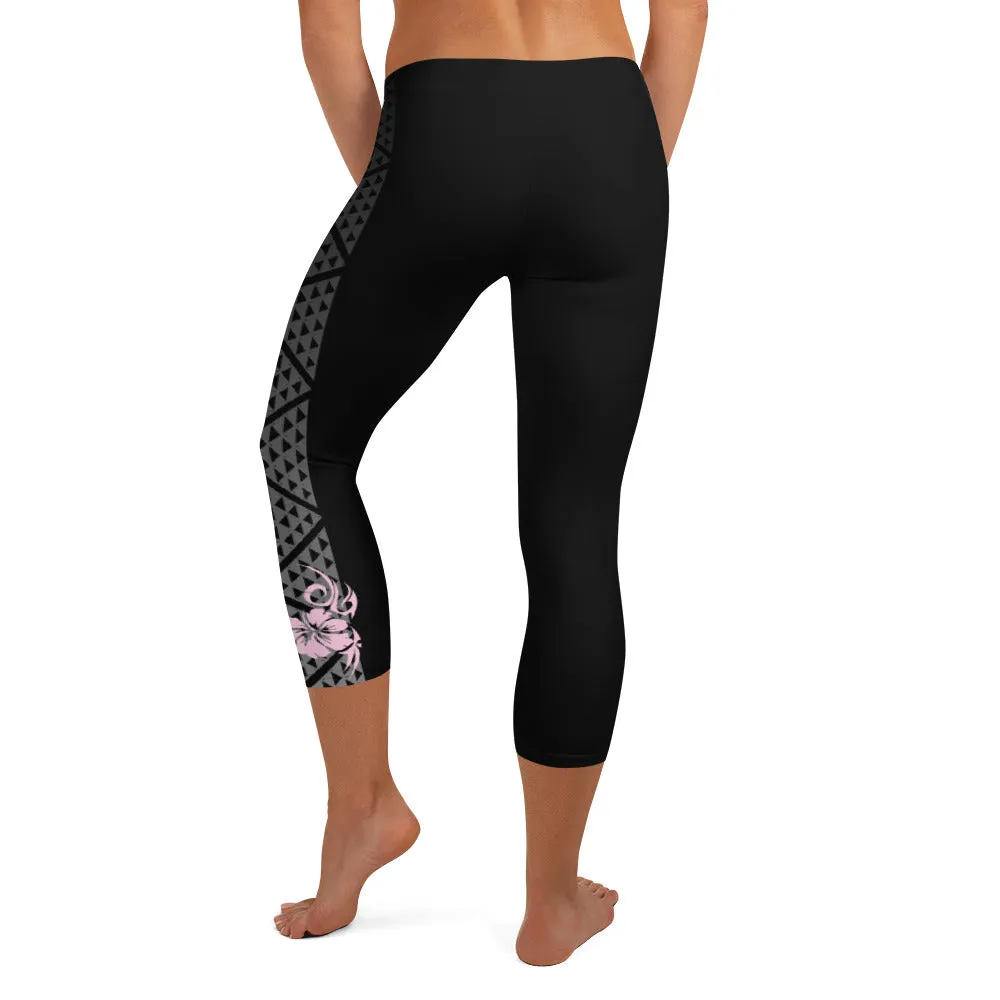 Kuahiwi Mountain Peak Style Samoan Polynesian Tattoo Pattern Print Crop / Capri Leggings with or without Hibiscus Flower