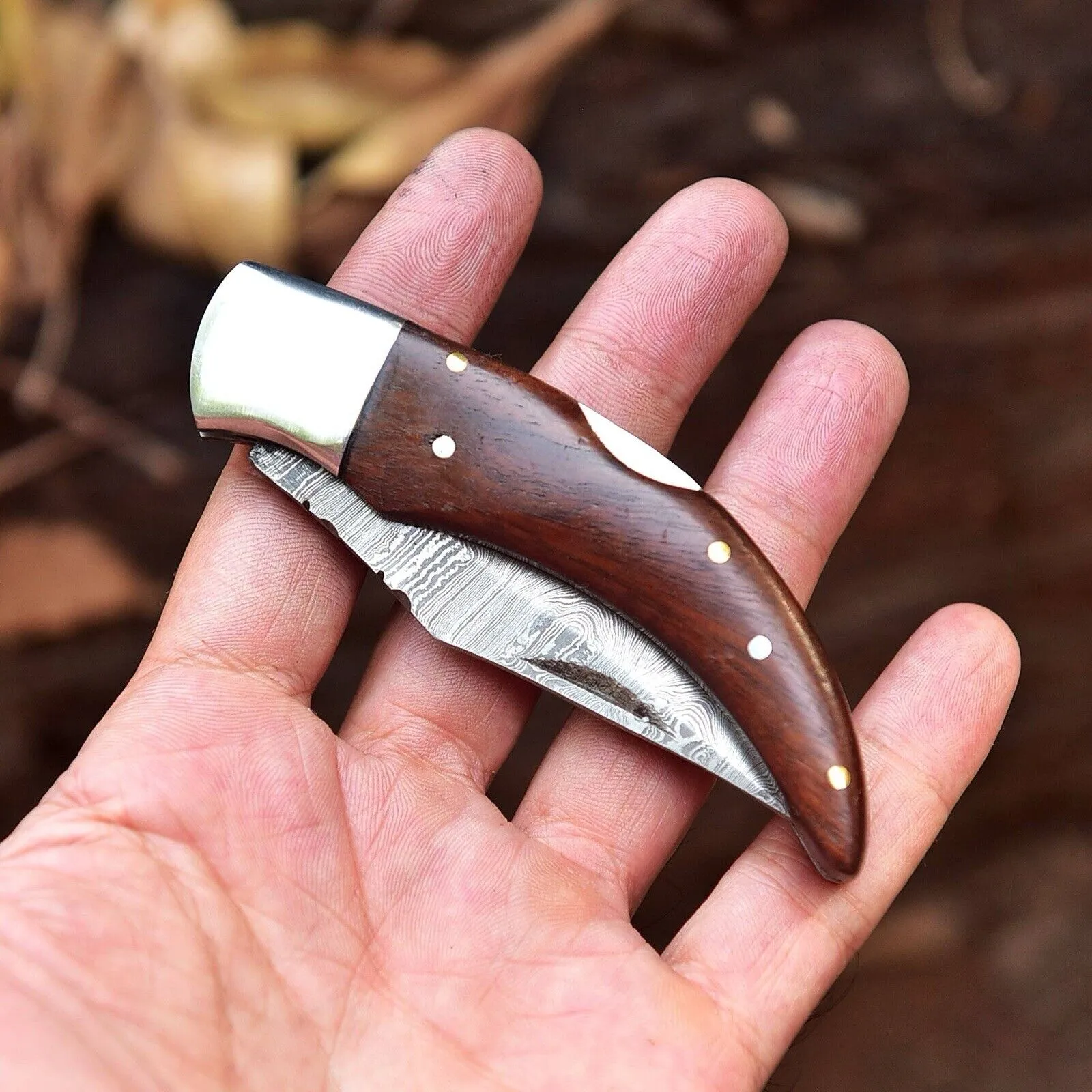 New Handmade Damascus Pocket Knife – 4" Overall Length with Rosewood Handle and Belt Loop Leather Case