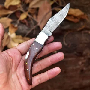 New Handmade Damascus Pocket Knife – 4" Overall Length with Rosewood Handle and Belt Loop Leather Case