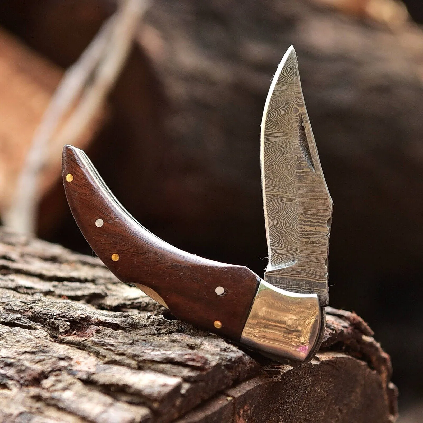New Handmade Damascus Pocket Knife – 4" Overall Length with Rosewood Handle and Belt Loop Leather Case