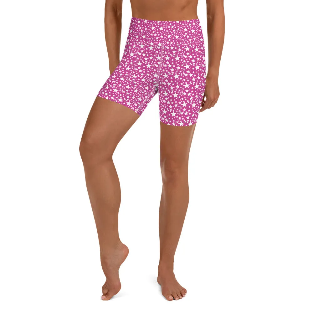 Pink White Star Print Pattern Women's Workout Fitness Yoga Shorts- Made in USA/EU
