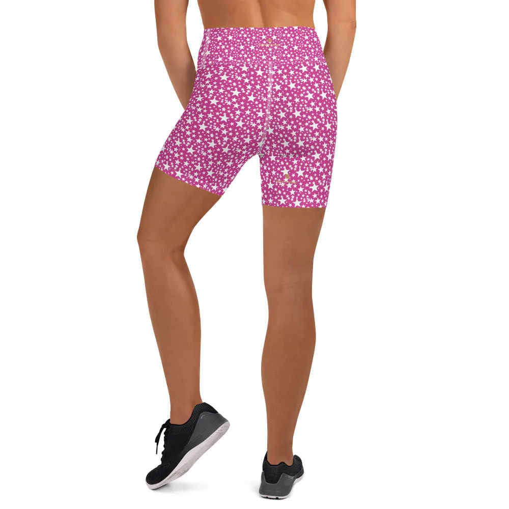 Pink White Star Print Pattern Women's Workout Fitness Yoga Shorts- Made in USA/EU