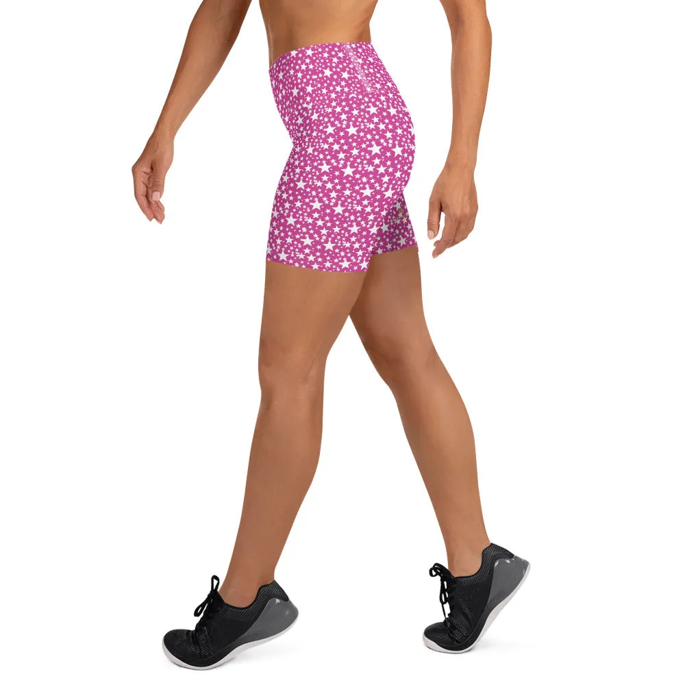Pink White Star Print Pattern Women's Workout Fitness Yoga Shorts- Made in USA/EU