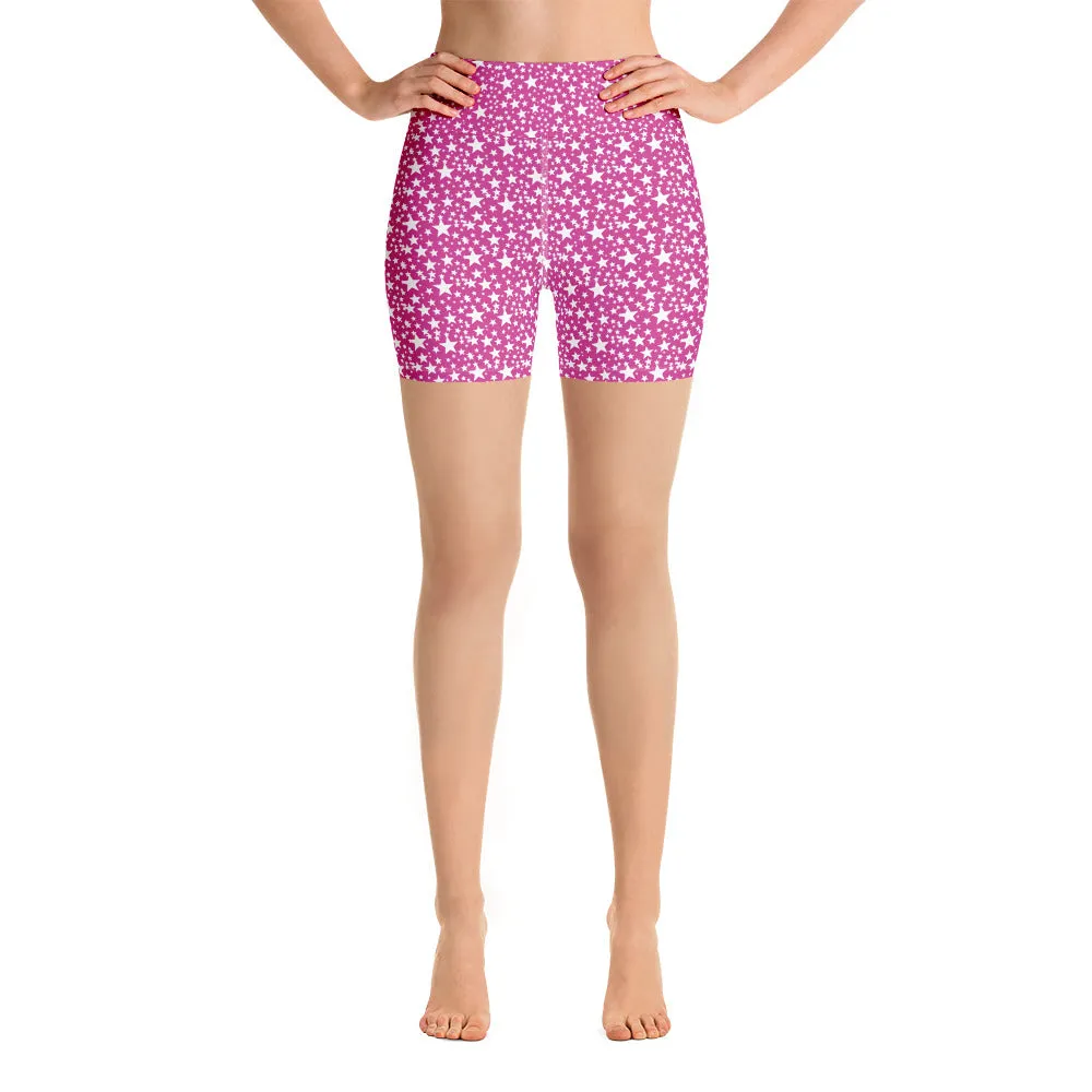Pink White Star Print Pattern Women's Workout Fitness Yoga Shorts- Made in USA/EU