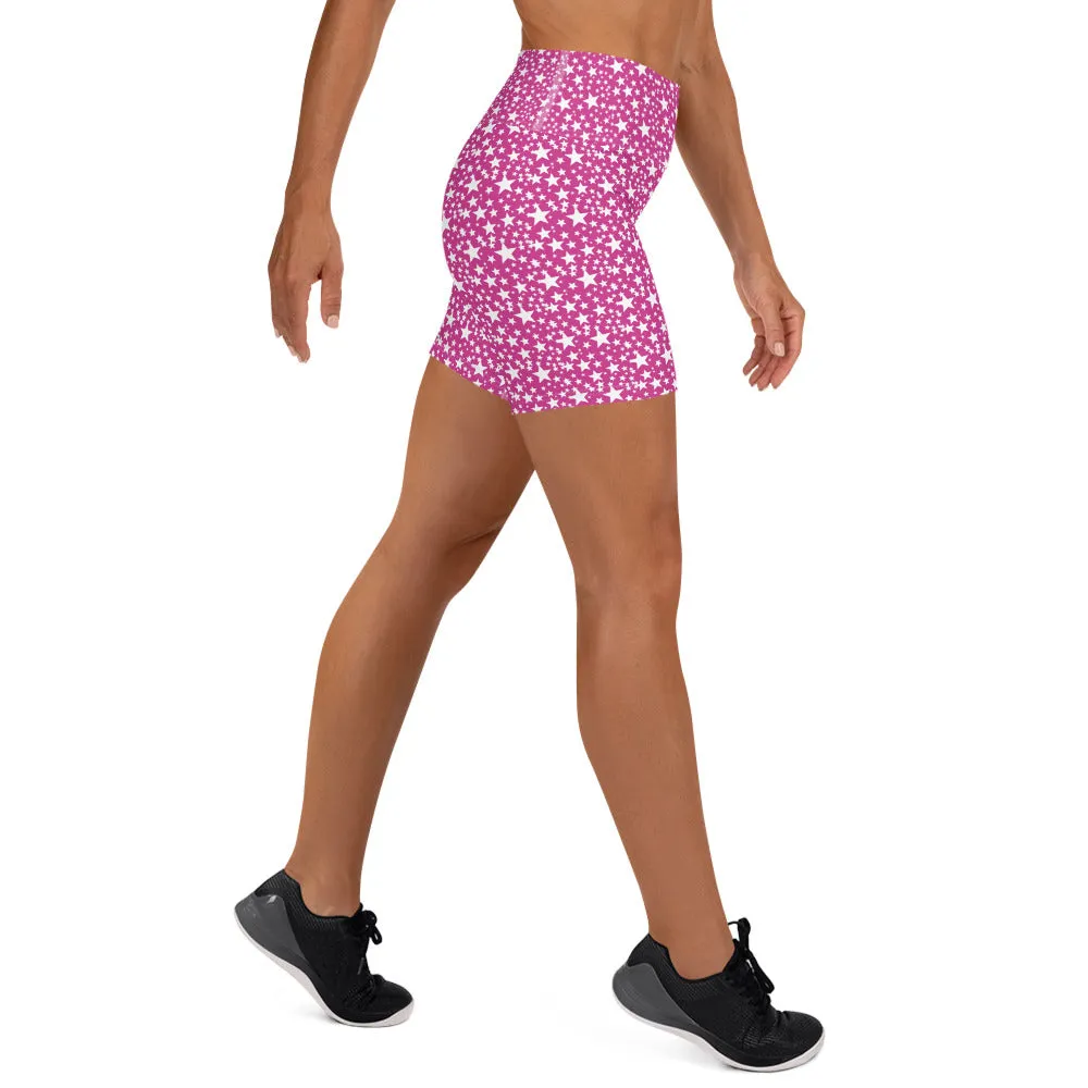 Pink White Star Print Pattern Women's Workout Fitness Yoga Shorts- Made in USA/EU