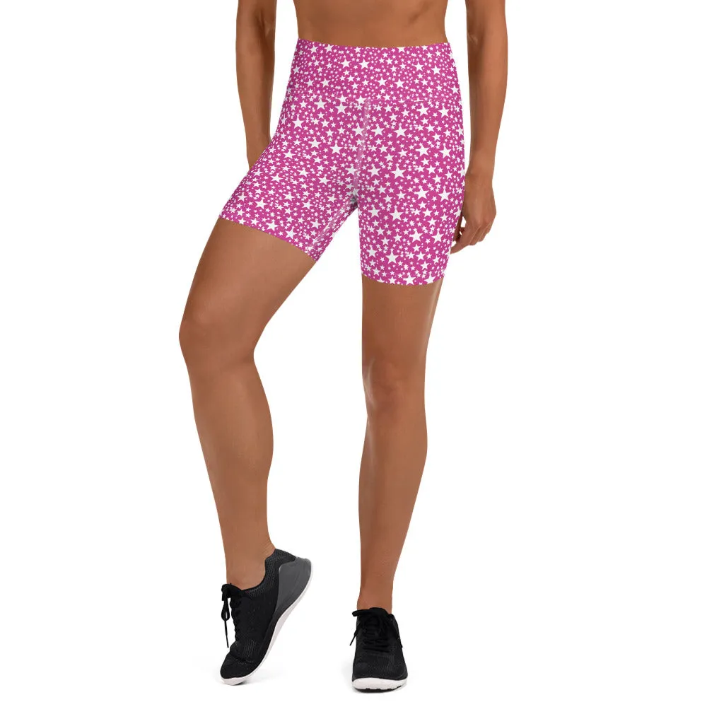 Pink White Star Print Pattern Women's Workout Fitness Yoga Shorts- Made in USA/EU