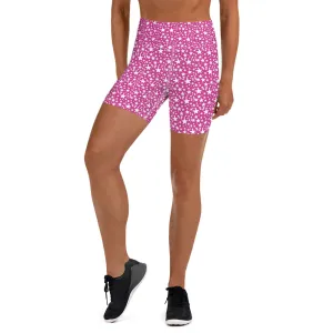 Pink White Star Print Pattern Women's Workout Fitness Yoga Shorts- Made in USA/EU