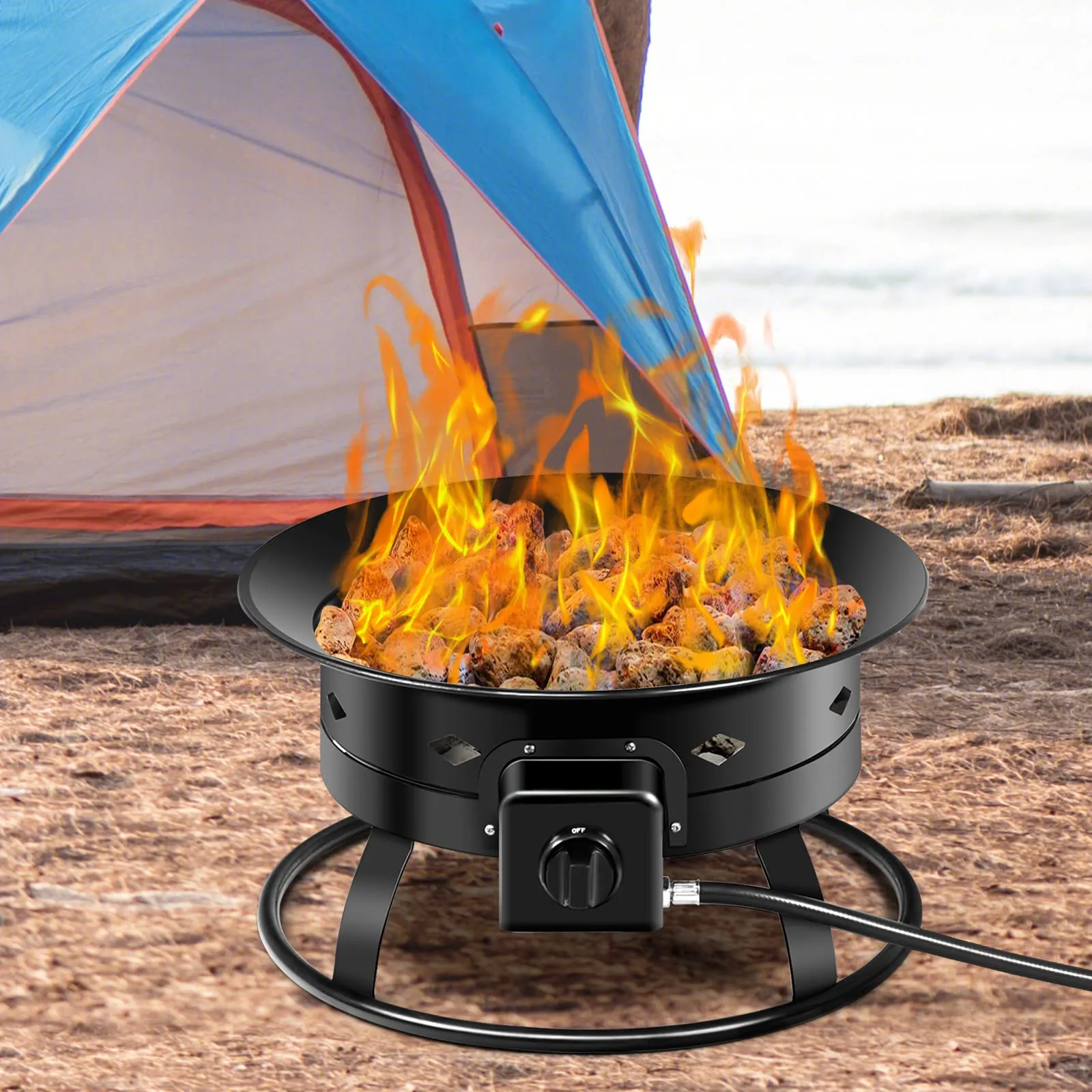 Tangkula Outdoor Portable Propane Gas Fire Pit, 58,000 BTU Gas Fire Pit with Cover, Carry Strap & Lava Rocks