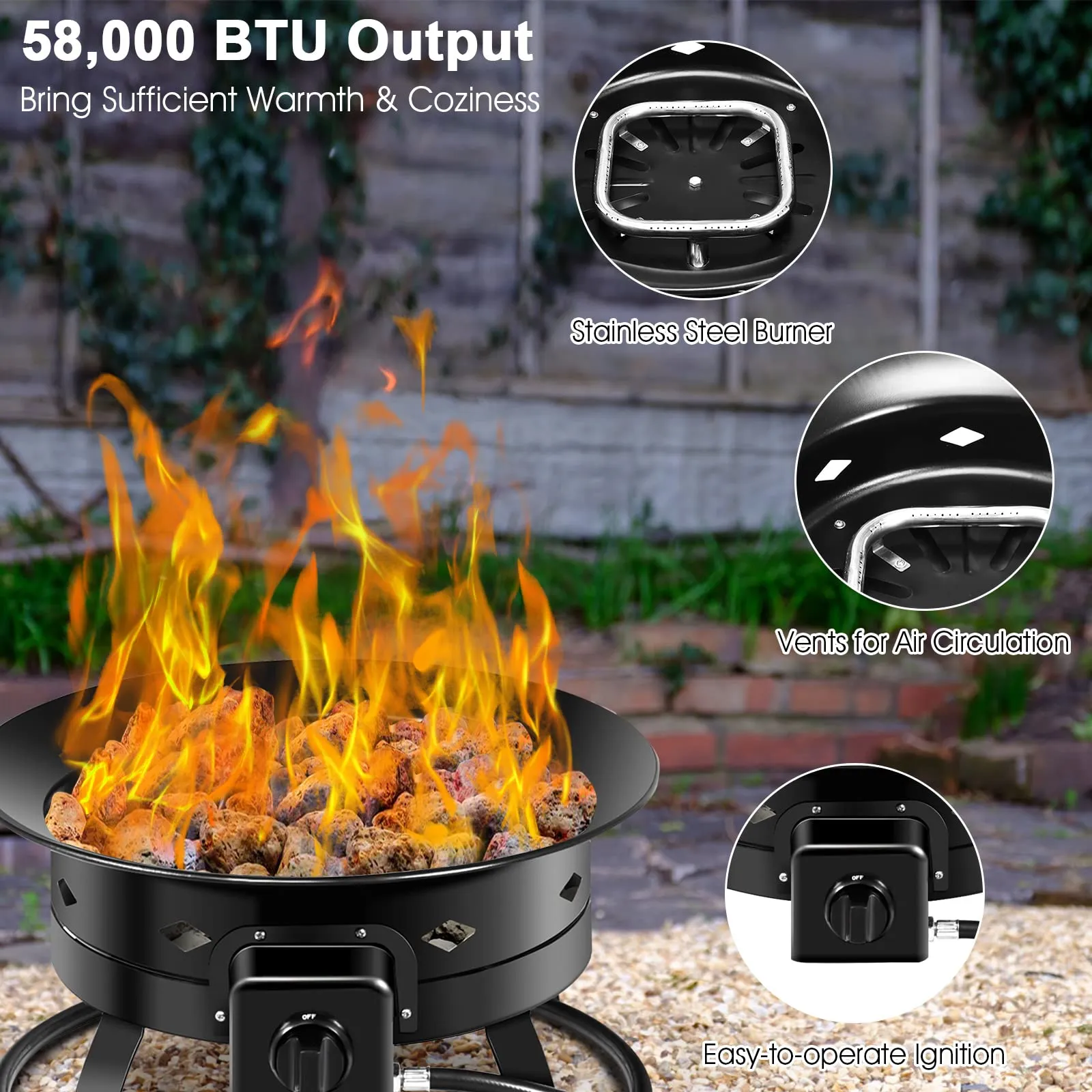 Tangkula Outdoor Portable Propane Gas Fire Pit, 58,000 BTU Gas Fire Pit with Cover, Carry Strap & Lava Rocks