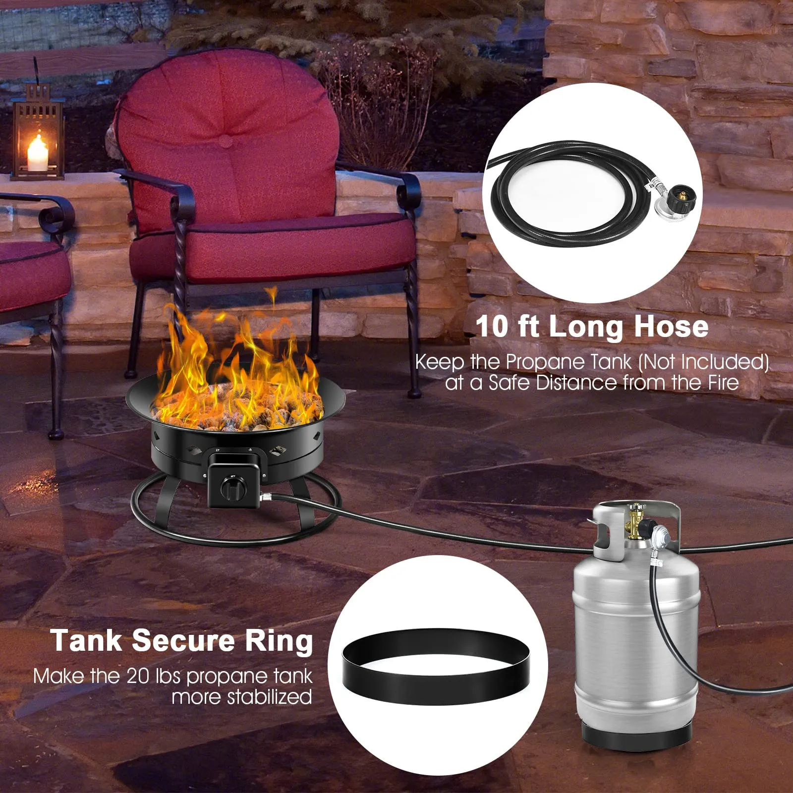 Tangkula Outdoor Portable Propane Gas Fire Pit, 58,000 BTU Gas Fire Pit with Cover, Carry Strap & Lava Rocks