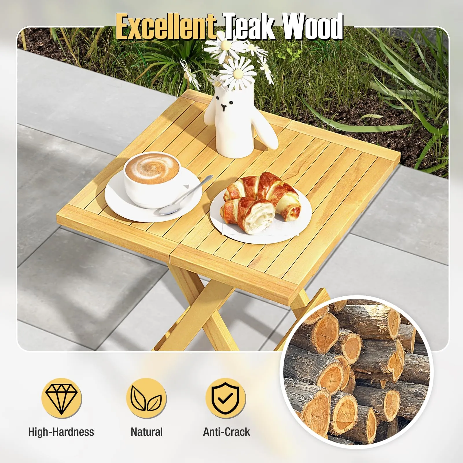 Tangkula Patio Folding Side Table, Teak Wood Square Coffee Table
